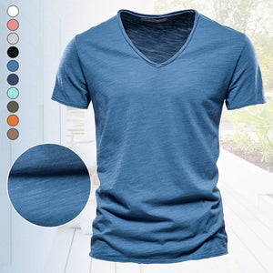 Plain Slub Cotton V-neck T-shirt - Orange / S