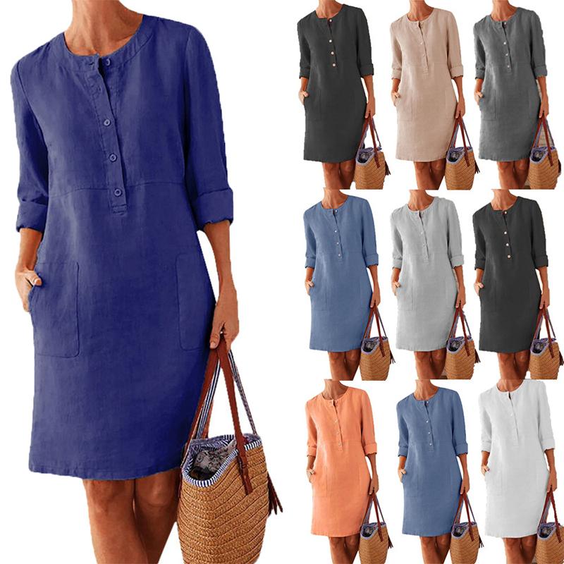 New Solid Color Cotton and Linen Dress
