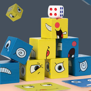 Wooden Face Cube Expression Matching Puzzle - SET A (Card*32+Building block*8+Dice*1)