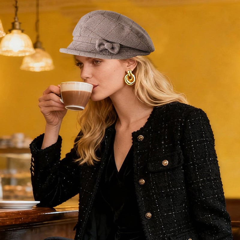 Women's Elegant Plaid Pattern Bow Decor Beret