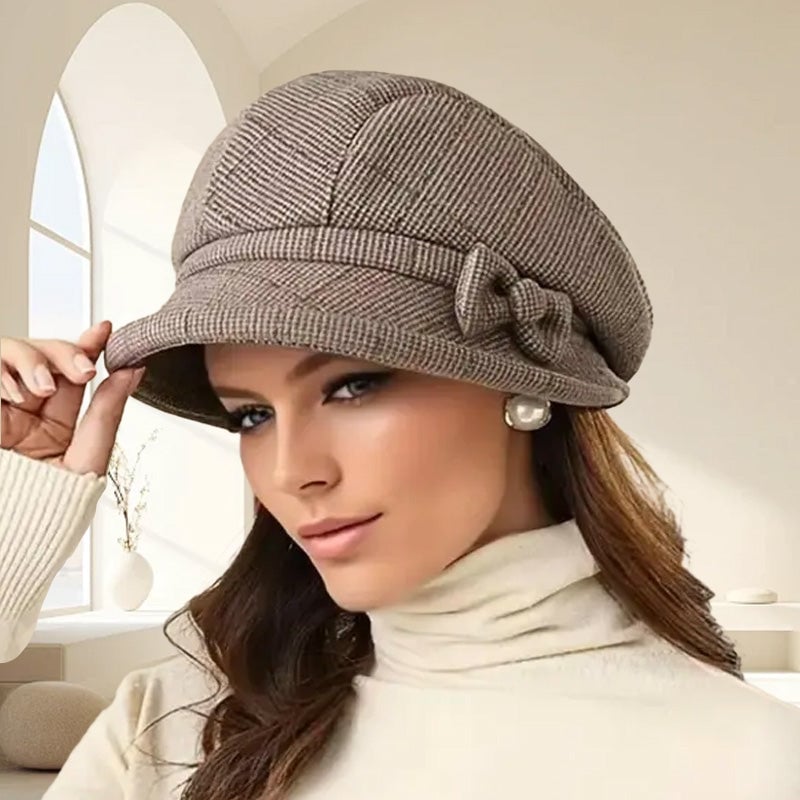 Women's Elegant Plaid Pattern Bow Decor Beret