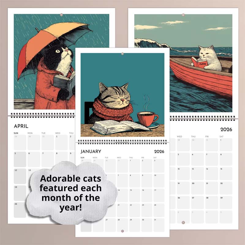 Cats Chillin' with Books 2026 Wall Calendar