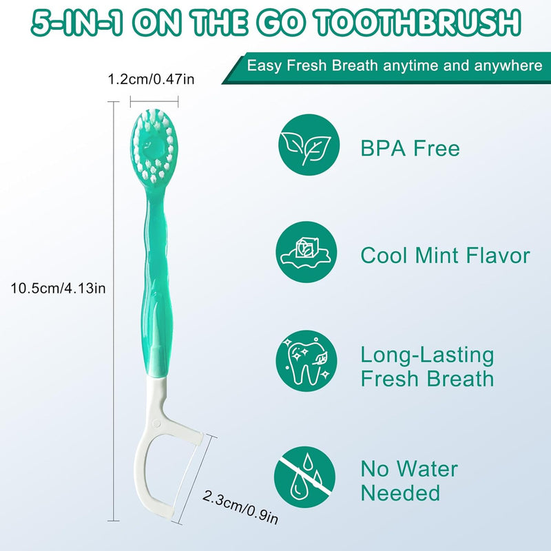 Mini Toothbrush 5 in 1 Tool (Toothpaste + Floss + Pick + Tongue Scraper) Portable Travel Set