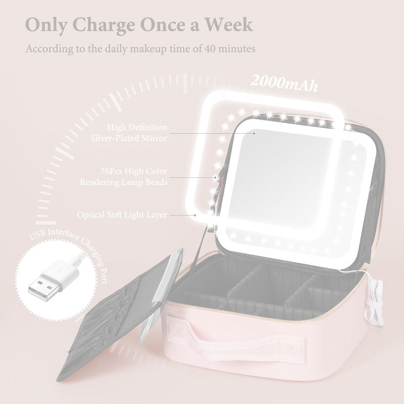 Travel Makeup Case with LED Mirror and Adjustable Dividers