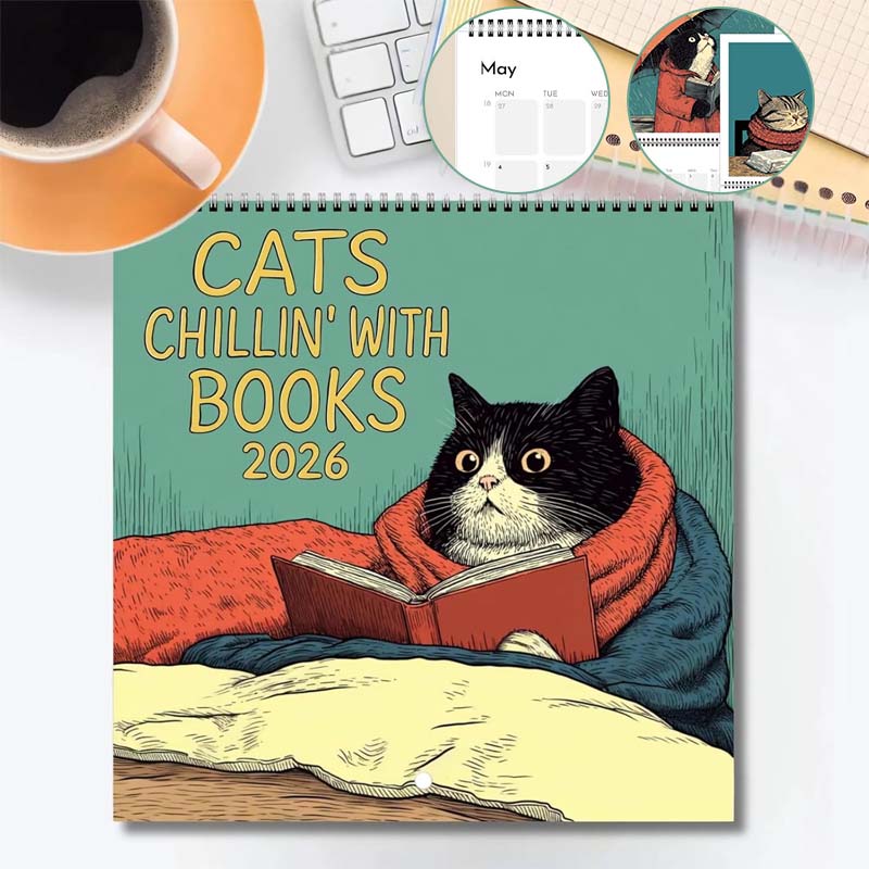 Cats Chillin' with Books 2026 Wall Calendar