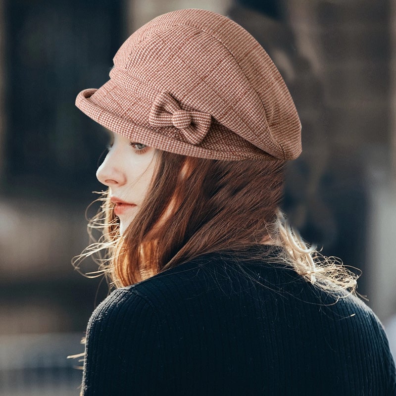 Women's Elegant Plaid Pattern Bow Decor Beret